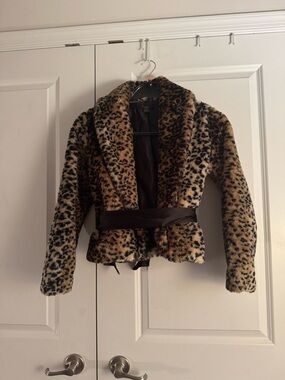 Forever 21 Faux Fur Leopard Print Belted Jacket - Brown/Black size sp